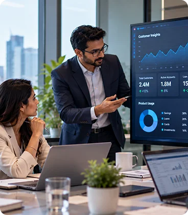 Financial services professional using a smartphone with finance-themed icons