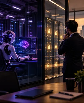 Business leader studying an AI analytics hologram on a tablet