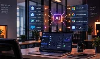 Glowing AI gears above a tablet
