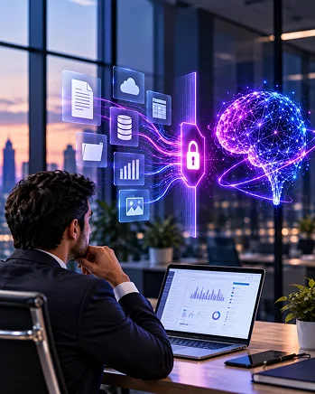 Analyst reviewing a retrieval-augmented generation architecture connecting documents to an AI model