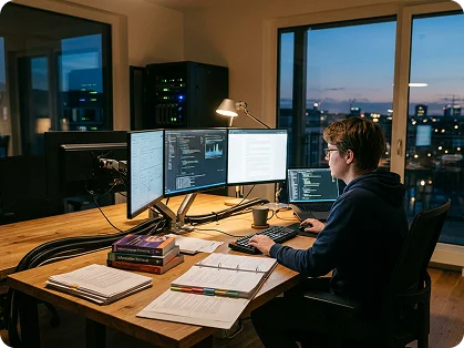 Engineer building a RAG pipeline at a multi-monitor workstation